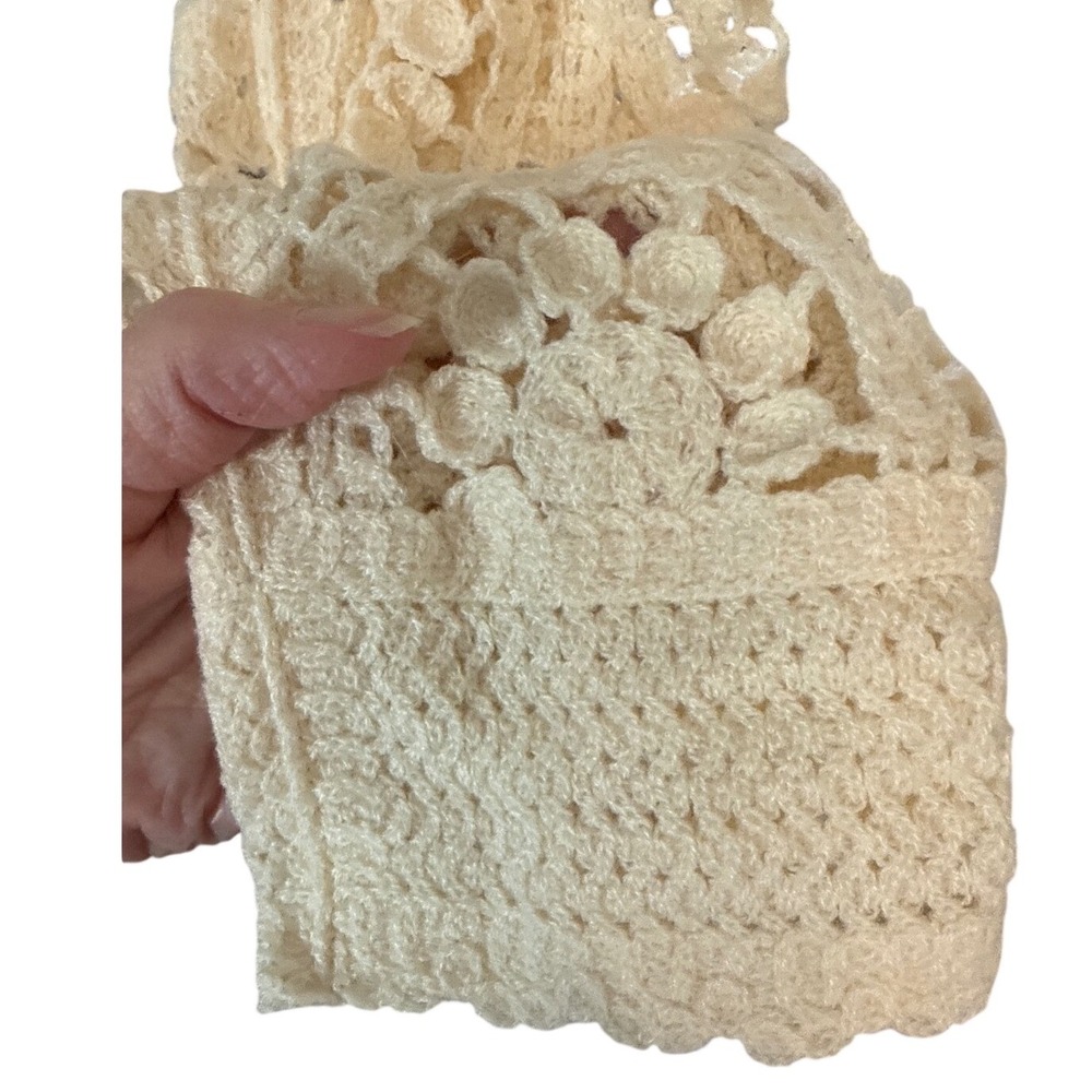 BIBI Womens Oatmeal Crochet Lace Fringe Cropped Sweater Boho Long Sleeve Large - Picture 4 of 5